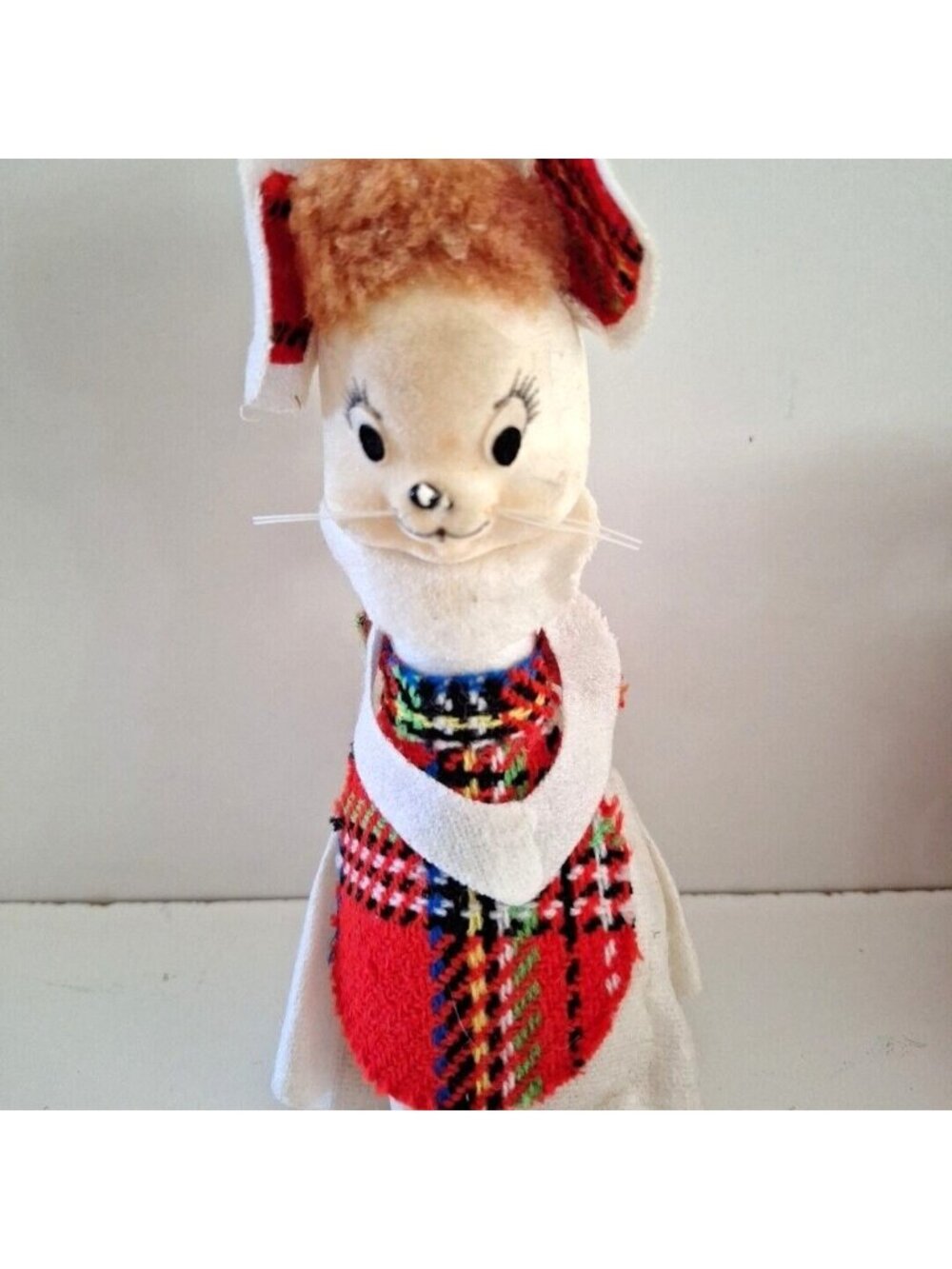 Flocked White Mouse Christmas Ornament 6" Plaid Apron Ears Vintage Taiwan